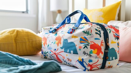 A kid-friendly travel bag with playful patterns and vibrant colors sits on a bed, packed for a family vacation. Its design ensures that travel is fun and practical for young adventurers.
