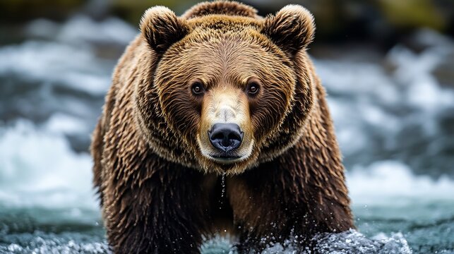 A grizzly bear hunting salmon at Brooks falls Coastal Brown Grizzly Bears fishing at Katmai National Park Alaska Summer season Natural wildlife theme : Generative AI