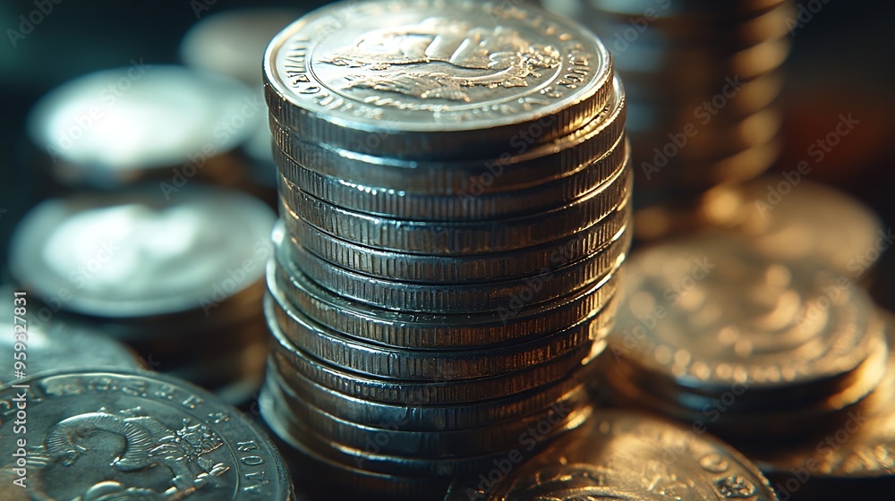 Aufkleber stack of silver coins presentation at table going up as symbol of prosperity and rising income close