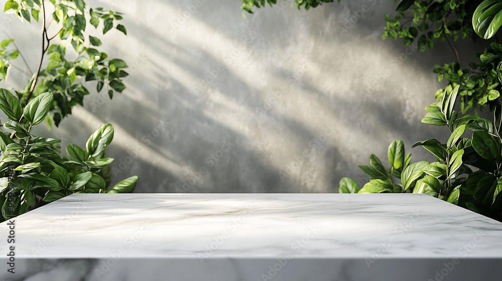 Poster Empty white marble table top green leaves and gray backdrop scene with copy space for products presentation Empty modern minimal mock up for cosmetic skin care products advertising : Generative AI