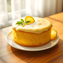 create a refreshing and sweet lemon cake image placed on a clean white plate the cake has a beautiful light yellow color the top is coated with lemon