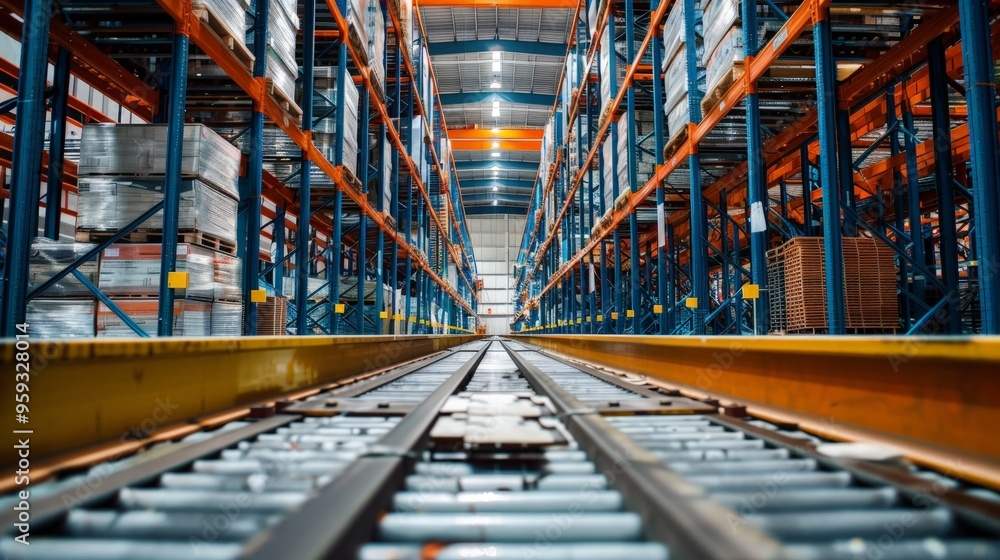 Poster a modern warehouse equipped with advanced robotic systems that efficiently sort and move goods. the 