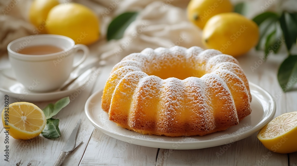 Poster Homemade lemon cake in the form of a ring soaked with lemon syrup and cup of tea or coffee on white wooden table Front view : Generative AI