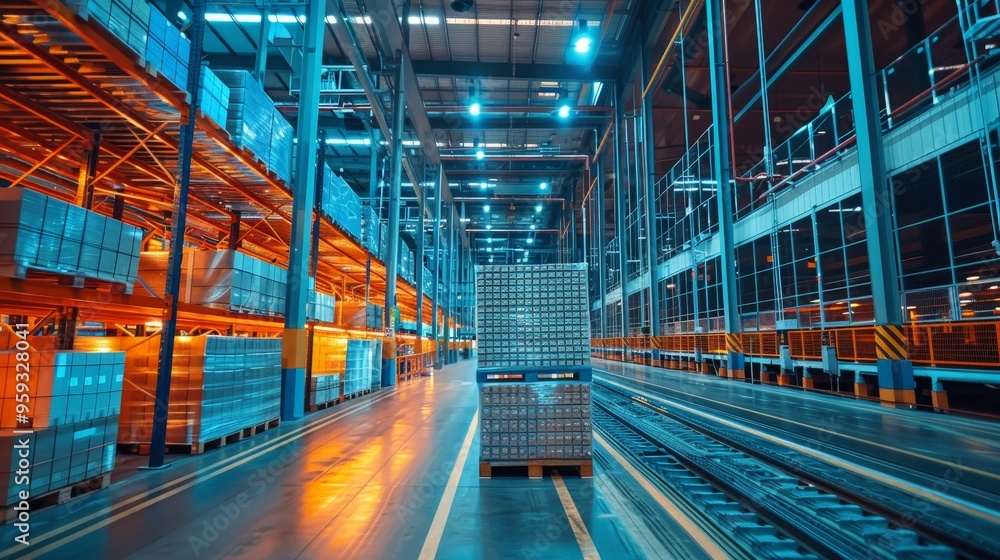 Poster a modern warehouse equipped with advanced robotic systems that efficiently sort and move goods. the 