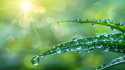 A beautiful drop of water glistens on a blade of grass in the sunlight,
