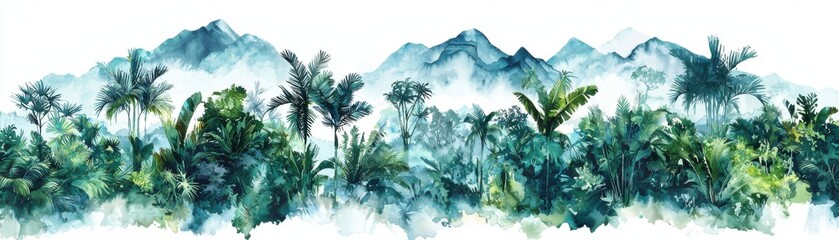 Naklejka premium Lush tropical jungle with vibrant foliage and majestic mountains in the background, creating a serene and peaceful landscape.