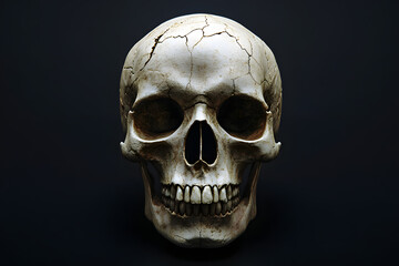 Obraz premium Realistic human skull with visible bone textures and cracks. Isolated against a black background for a dramatic effect.