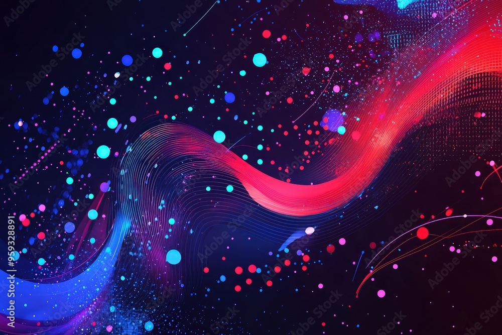 Poster vector background with streaming lines and red points, accented by chaotic blue and violet splashes.