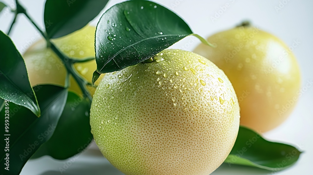Poster pomelo fruit with green leaf on tree branch isolated on white background : generative ai