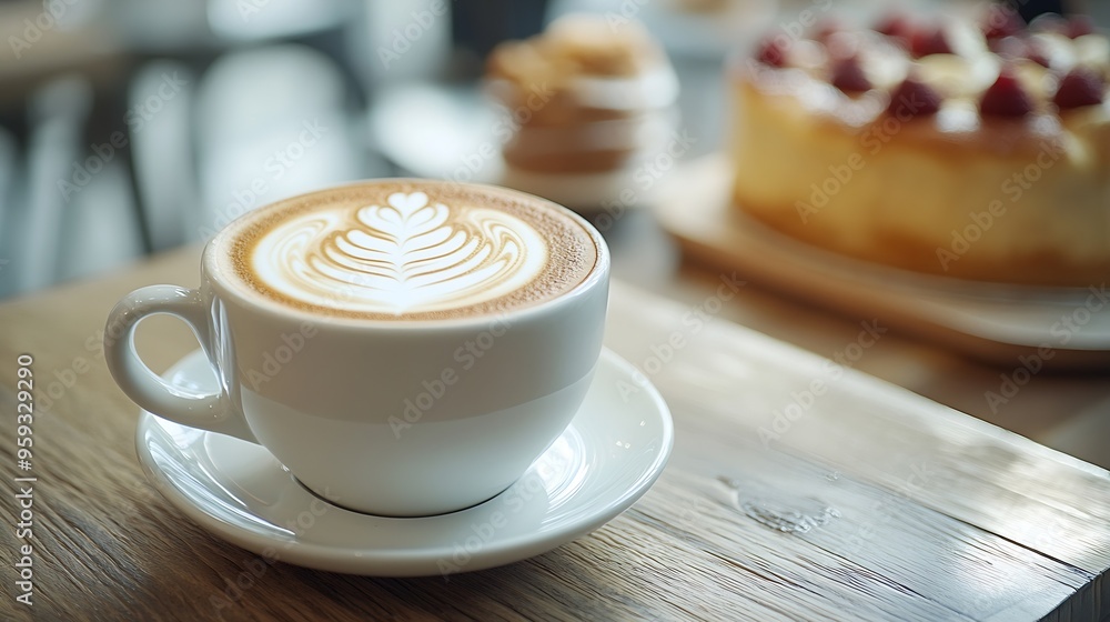 Poster cup of latte coffee stand on a wooden table near on the table lie sweets cake : generative ai