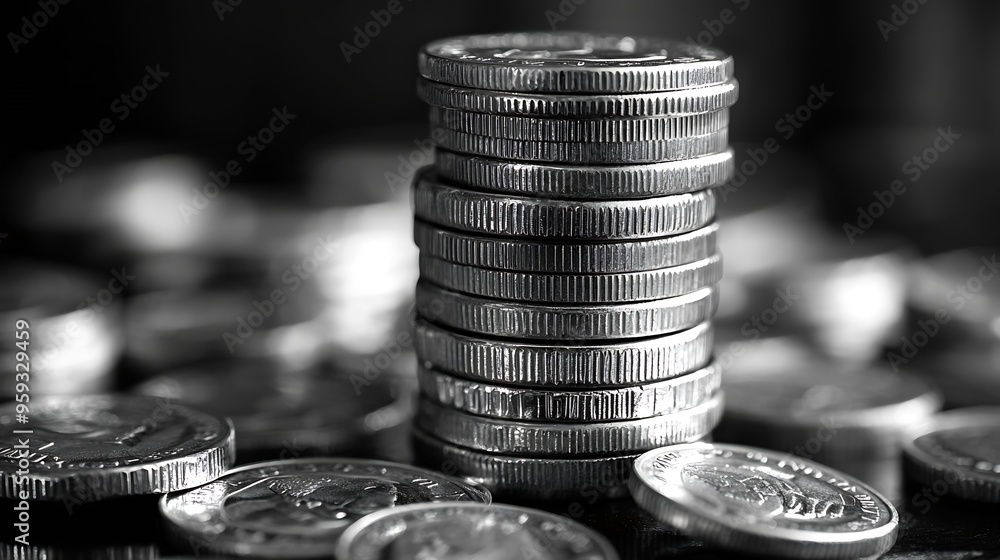 Poster stack of silver coins presentation at table going up as symbol of prosperity and rising income close