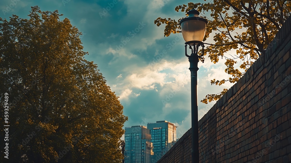 Poster Surrounding brick wall with concrete columns with cloudy sky street lamp and modern building on behind Urban road in front Background for copy space : Generative AI