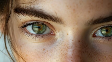 Girl without makeup green eyes Bright light small pupil : Generative AI
