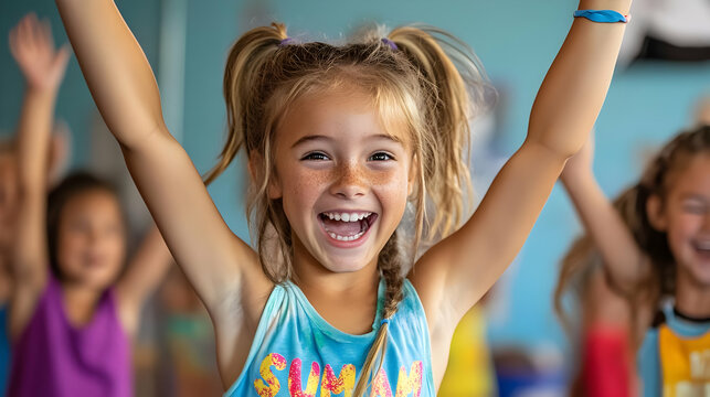 A young girl with pigtails raises her arms in the air with a wide smile, celebrating.