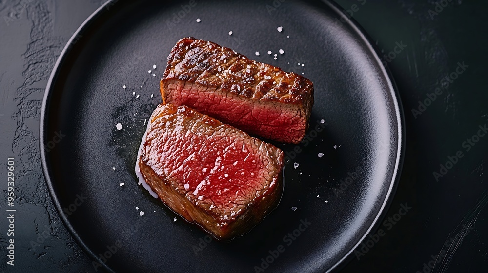 Poster beef steak medium rare on a black plate dark background top view : generative ai