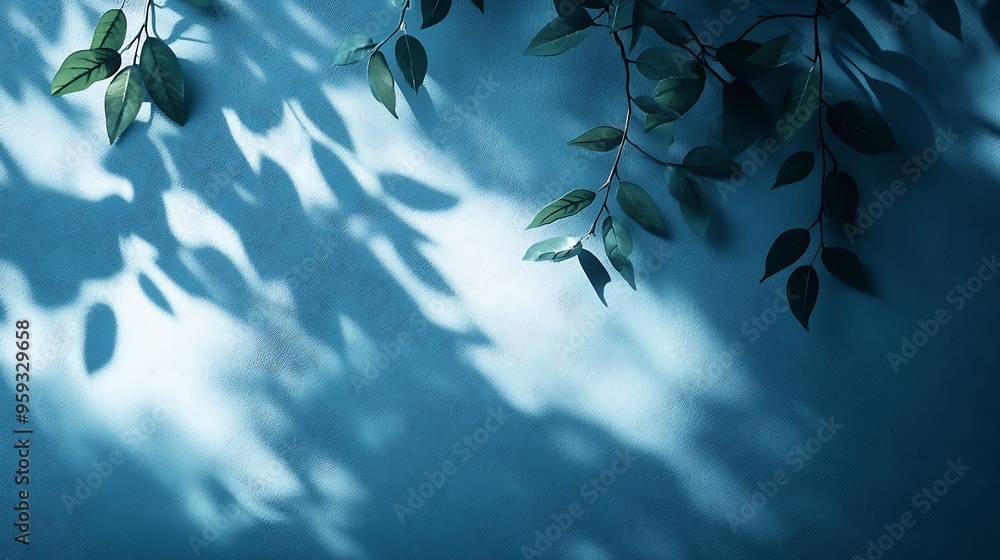 Aufkleber Minimalistic abstract gentle light blue background for product presentation with light and intricate shadow from tree branches on wall : Generative AI