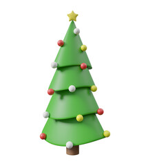 3D illustration with Christmas tree icon decorated with balls and stars isolated on transparent background.