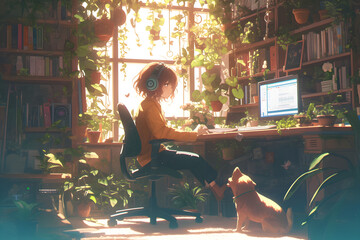 Girl playing with her pet dog in a sunlit room with plants and books. Anime style, Cozy vibes