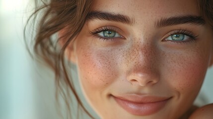 Fototapeta premium Close up cropped shot of beautiful young woman smiling staring at camera Portrait of gorgeous millennial generation female with attractive appearance and perfect skin Cosmetology natur : Generative AI