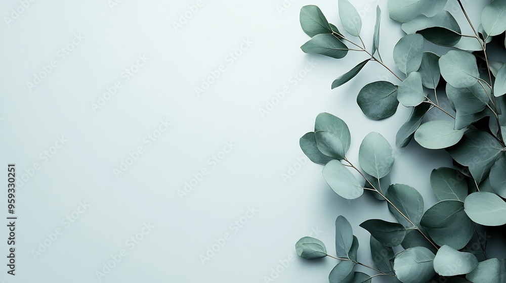 Poster natural green eucalyptus branches on empty light grey background with copy space trendy layout with 