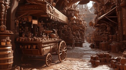 Naklejka premium Imagine a chocolate marketplace, with stalls and carts all made from chocolate.