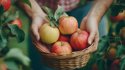 Hands apple in basket Woman and a man hold a basket apples in hand Gardeners holds a basket of ripe apples Hands holding fruits Apple basket Gardening Woman and man harvesting apples : Generative AI