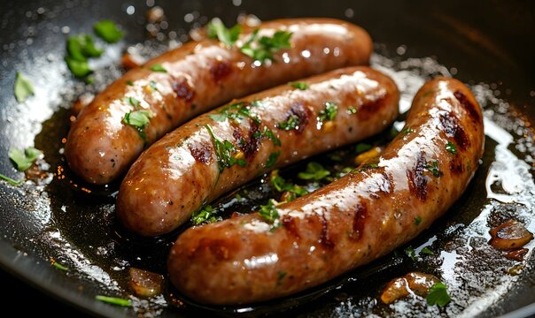 sizzling chipolata sausages inside a frying pan, Generative AI