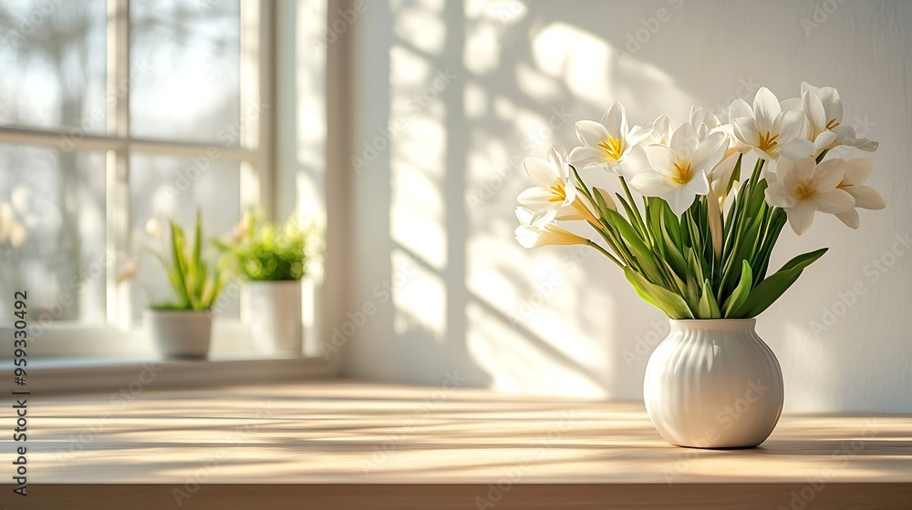 Poster table background of free space and kitchen interiorwhite wall with shadows and sunny warm morning ti