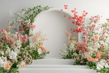 Modern spring floral installation with vibrant flowers and geometric arch. Perfect for product displays and elegant events.