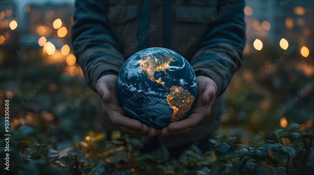 Poster planet earth in the hands of a man against the background of the lights of the evening city concept 