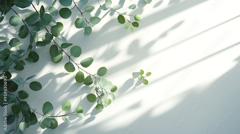 Poster Green eucalyptus branch with beautiful shadows on empty light grey background Backdrop for product presentation Beauty cosmetic advertising display mockup Minimal still life Front view : Generative AI
