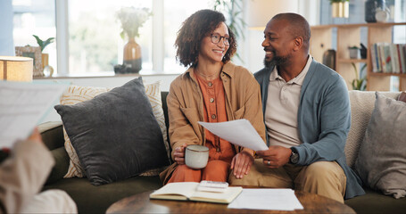 Home, documents and senior couple with budget, conversation and finance with savings. Apartment,...