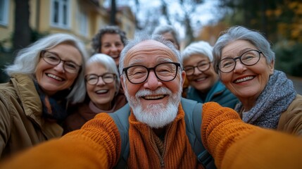 A lively group of elderly people happily take a selfie together outdoors, their joyful expressions capturing the essence of friendship, togetherness, and embracing life at any age.