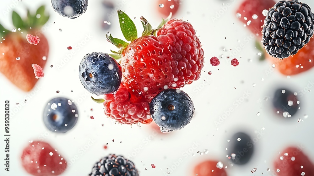 Poster fresh mix berries fruit with red raspberry strawberry blackberry and blueberry flying in the air iso