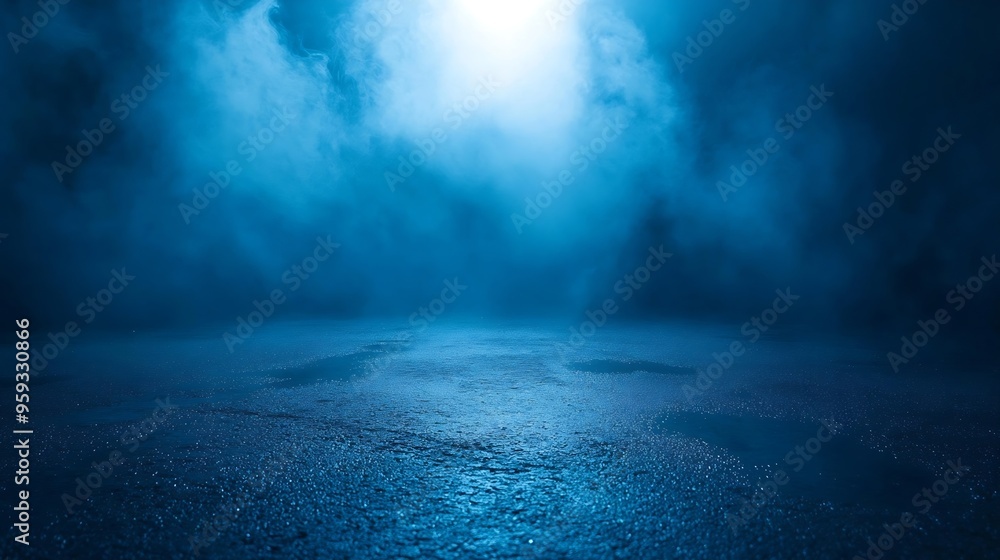 Poster a dark empty street dark blue background an empty dark scene neon light spotlights the asphalt floor