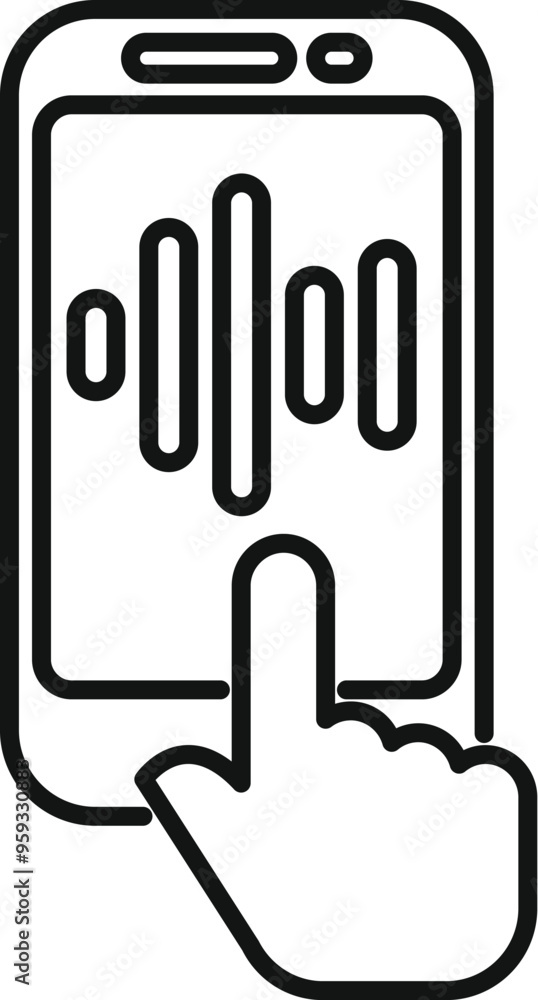 Poster line art vector icon of a hand interacting with a smartphone, symbolizing audio recording or playbac