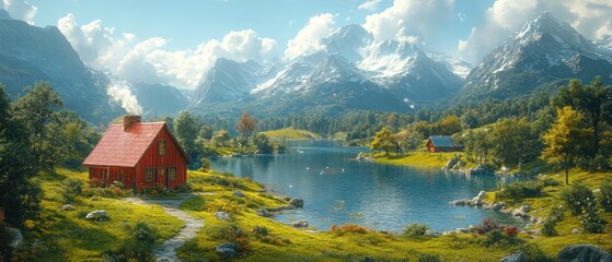 Fototapeta premium Red Cabin by a Serene Lake in the Majestic Mountain Valley