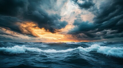 Fototapeta premium stormy sea beneath a sky filled with dark, swirling clouds, the waves crashing powerfully against the backdrop of the intense and dramatic sky
