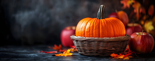 Pumpkin in a wicker basket, together with apples and autumn leaves, copyspace, side view, seasonal decor. Dark gray background with pumpkin, with Thanksgiving concept, farm harvest.