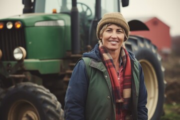 Portrait of a smiling middle aged female farmer standing next to tractor