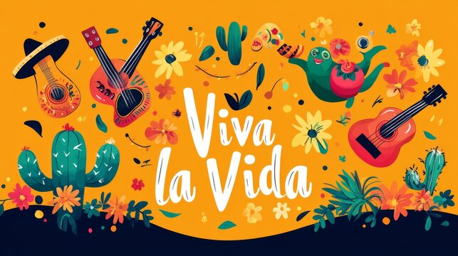 This image features colorful guitars, cacti, and whimsical elements set against a vibrant background with a bold 'Viva la Vida' message, exemplifying celebration and joy.