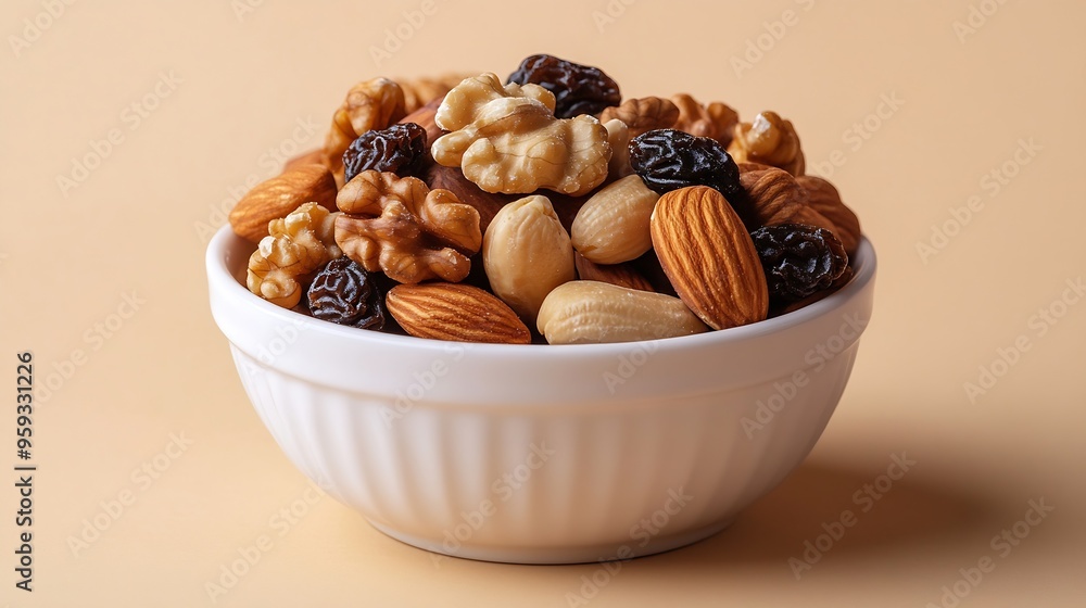 Poster the mix of various nuts and raisins in a white bowl on a beige background : generative ai