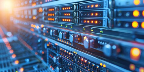 Obraz premium Detailed View of Data Center Hardware Installations: Equipment Installation in Server Rack and Motherboard Setup in Server Environment