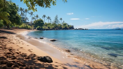 High angle of view of idyllic beach with foamy waves and empty space for text. 