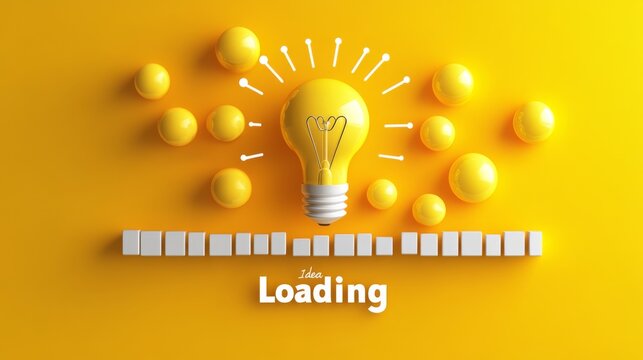 Yellow background with a central light bulb symbolizing an idea and multiple smaller spheres illustrating the concept of idea development and loading process.
