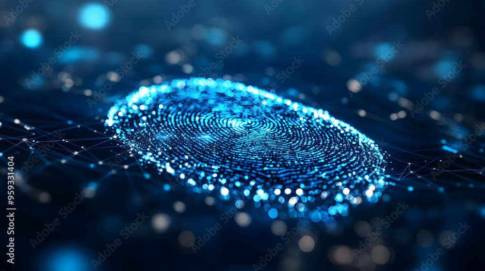Poster abstract blue fingerprint pattern on a digital background.