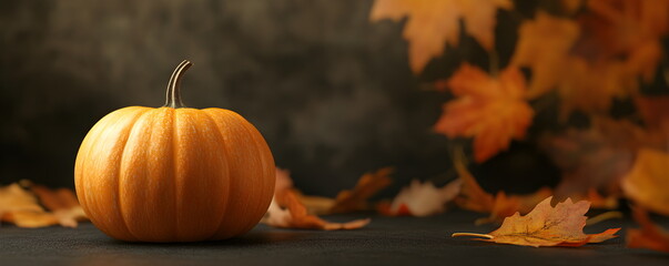 One pumpkin close-up and autumn leaves, copyspace, side view, seasonal decor. Dark stone background with pumpkin, with Halloween or Thanksgiving concept.