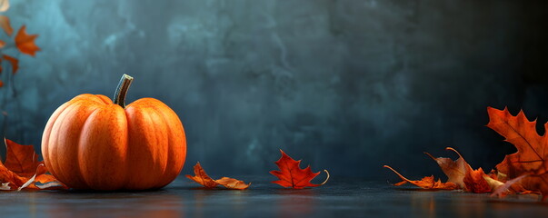 One pumpkin close-up and autumn leaves, copyspace, side view, seasonal decor. Dark stone background with pumpkin, with Halloween or Thanksgiving concept.