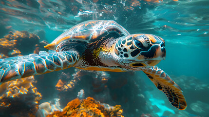 Obraz premium Sea Turtle Swimming Underwater Photo