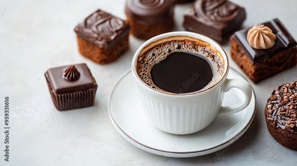 Poster cup of black coffee with chocolate cakes on white table the concept of breakfast flat lay top view :